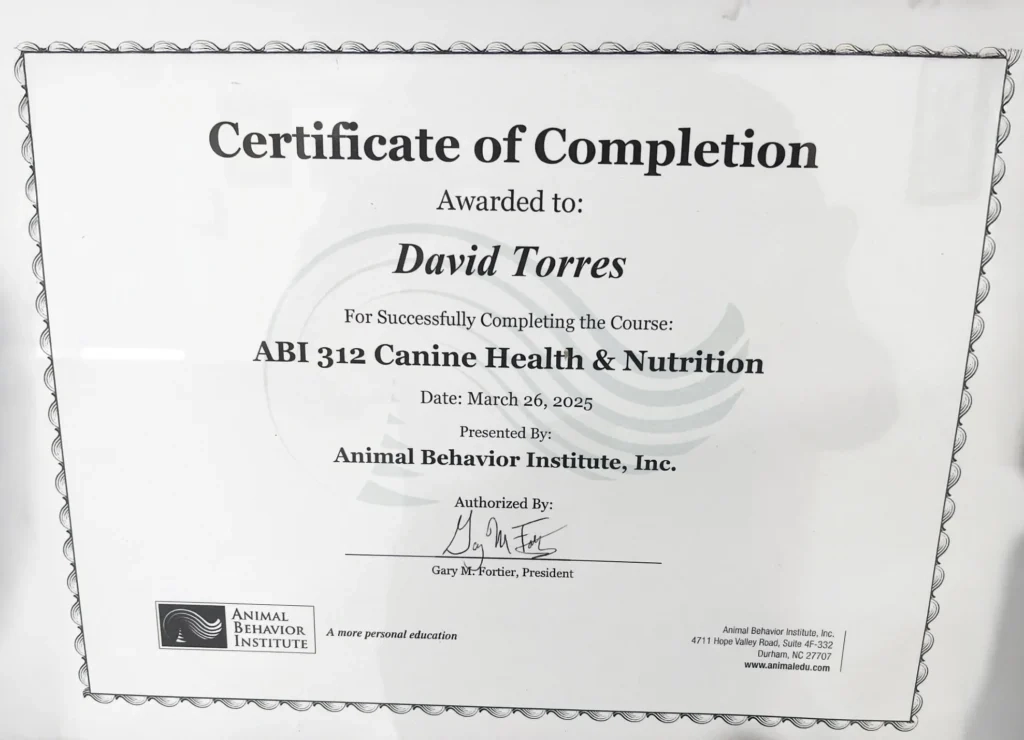 Certificate awarded to David Torres for completing ABI 312 Canine Health & Nutrition on March 26, 2025, in Bullhead City.